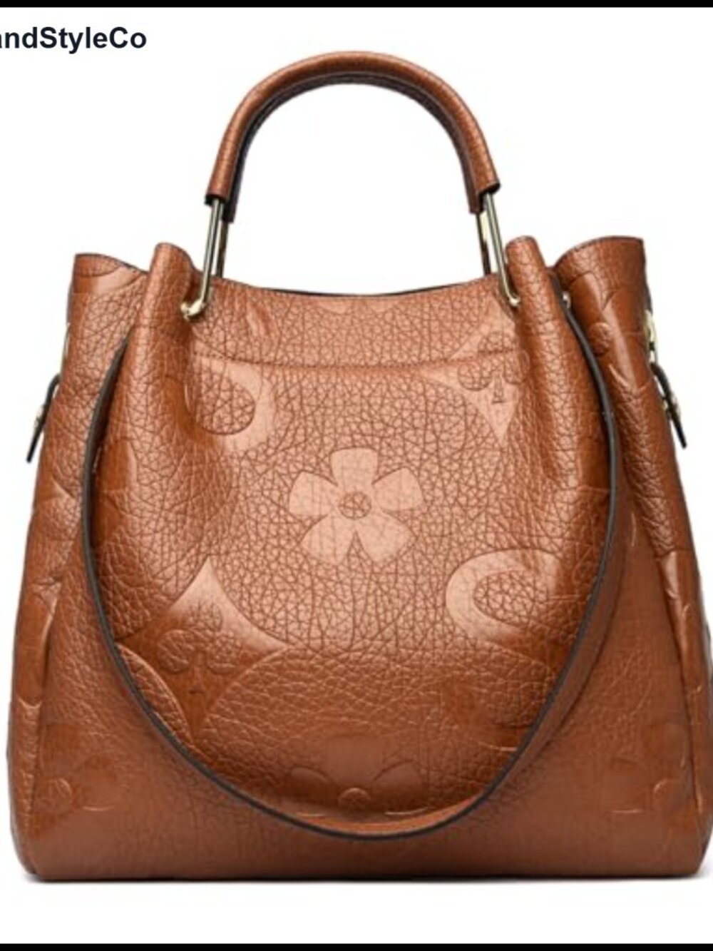 Floral Embossed Vegan Leather Top Handle Handbag Set Large Shoulder Bucket Tote